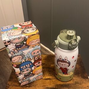 Labubu Cartoon Character Water Bottle with Sage Green Lid